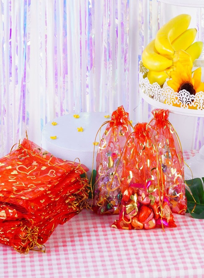 Bskifnn 100PCS Heart Printed Organza Bags Gift Jewelry Candy Bags for Wedding Valentine's Day Mother's Day Party Christmas 5x7Inch (Red) - Image 4